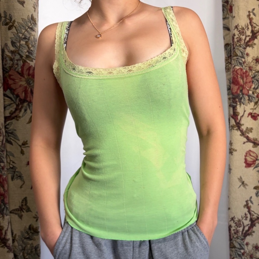 Hollister Adorable Vintage Y2k Lime Green Ribbed cami tank top with lace trim